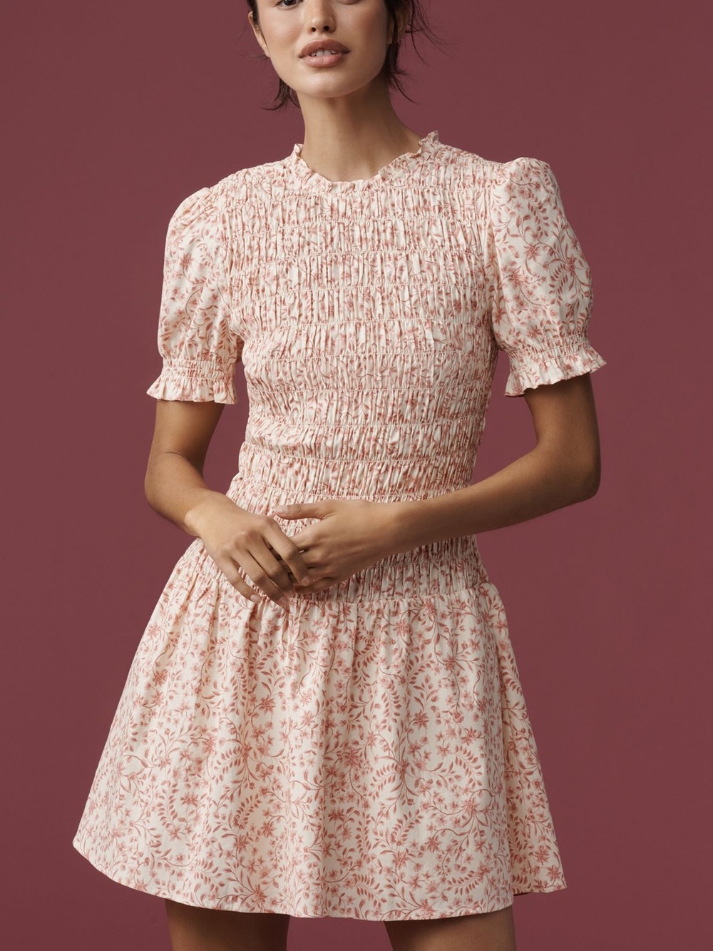 Reformation Pink Floral Smocked Puff-Sleeve Mini Dress